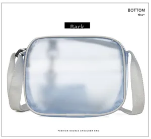Rear view of light blue jelly mini square bag with white trim and adjustable strap