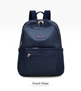 Front view of navy blue nylon backpack featuring durable metal zippers and a brand label