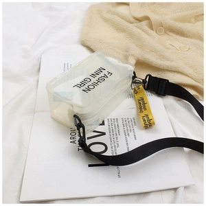 Detail of transparent PVC mini bag with black fashion lettering and woven strap