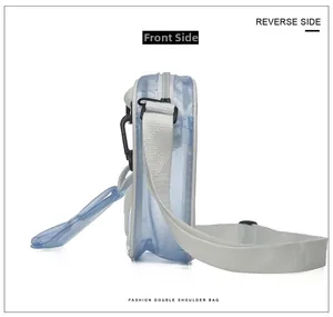 Side view of light blue transparent PVC mini crossbody bag with white adjustable fabric strap