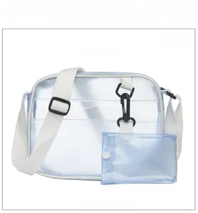 Front view of a blue transparent crossbody jelly bag with white woven strap and pouch