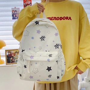 Minimalist beige backpack with purple star print for school girls with top handles