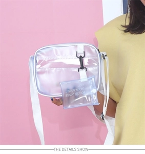 Close-up of holographic blue transparent mini crossbody bag set with white woven strap