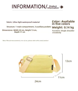 Detail view of a yellow waterproof crossbody bag showing 24x13x11cm dimensions and 140g weight