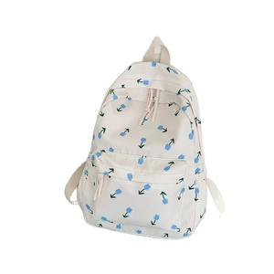 Minimalist white tulip pattern backpack for school girls with large capacity pockets
