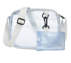 Detail of transparent blue PVC crossbody bag with white adjustable strap and coin purse