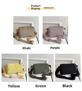 Multi-compartment nylon crossbody bags shown in khaki, purple, yellow, green and black