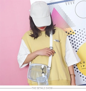 Detail of transparent PVC crossbody bag with white nylon strap and detachable mini pouch