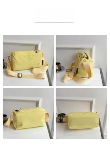 Detailed views of the yellow nylon crossbody bag featuring wide straps and zip closure