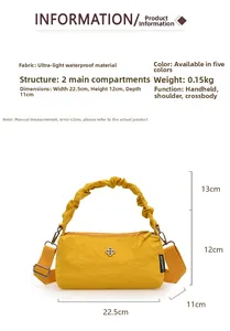 Detailed size chart for the yellow nylon handbag showing dimensions and dual-zip compartments