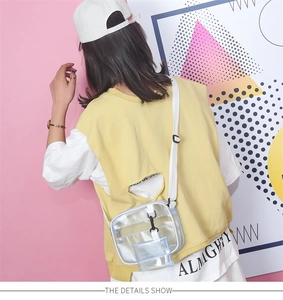Detailed view of clear PVC crossbody bag with white fabric strap on a model's shoulder