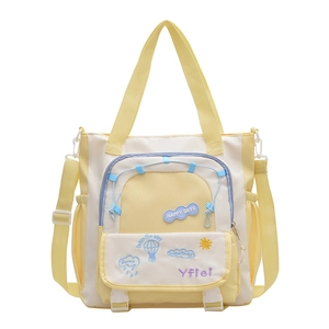 Large yellow and white tote bag with Happy Days patch and adjustable shoulder strap