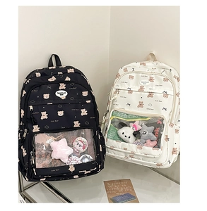 Dettaglio degli zaini con stampa a orsetto con tasche trasparenti e badge carini