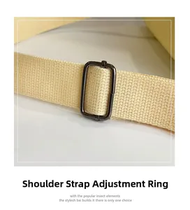 Close-up of adjustable beige canvas strap with dark gray metal buckle on a square bag