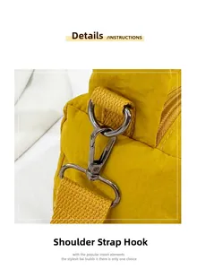 Detail view of ginger yellow nylon bag showing the durable metal shoulder strap hook