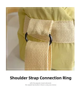 Detailed close-up of dark grey metal shoulder strap ring and thick woven fabric strap