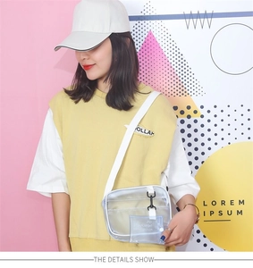 Detail view of transparent PVC crossbody bag with white strap on a fashion model