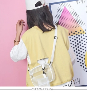 Detail showing transparent PVC crossbody bag with white strap and mini accessory pouch