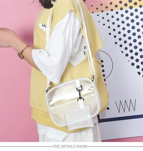 Detail showing transparent jelly crossbody bag with small coin purse on a fashion model