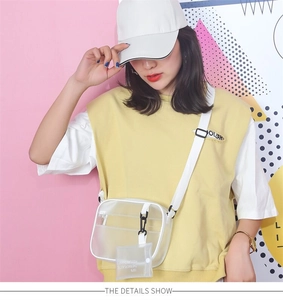 Detail view of a transparent TPU crossbody bag with white straps and a mini matching pouch