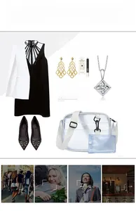 Fashion collage of white translucent crossbody bag with elegant summer outfit and jewelry