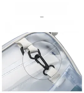 Detail shot of clear PVC bag featuring black plastic swivel hook and white nylon webbing
