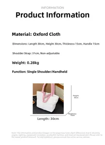 Technical drawing showing white quilted tote bag dimensions and oxford fabric details