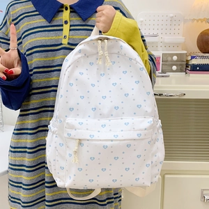 White School Backpack For Teen Girls Heart Star Pattern Lightweight Nylon Daypack Casual Travel Rucksack Student Bookbag