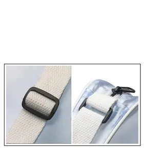 Detail view of blue transparent PVC material with white woven strap and black zipper hardware