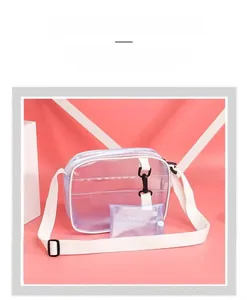 Transparent TPU crossbody bag with purple tint, white woven strap and matching coin purse