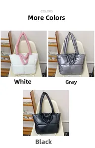 Detailed comparison of quilted tote bags in white, grey, and black glossy fabric colors