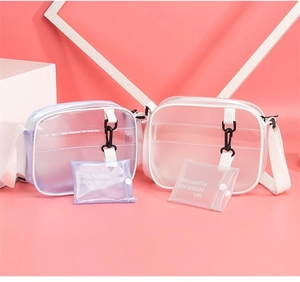 Detail view of transparent TPU crossbody bag with adjustable white strap and inner pouch