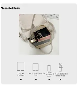 Dettaglio interno di una borsa in tessuto Oxford beige con spazio per iPad e accessori