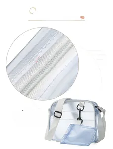 Detail of smooth metal zipper and mini transparent PVC crossbody bag construction