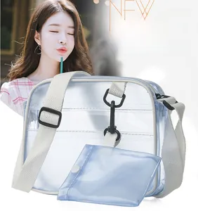 Detailed view of transparent PVC crossbody bag with white strap and inner pouch
