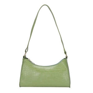 Mini grass green baguette shoulder bag with crocodile embossed texture and golden zipper