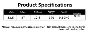 Size guide for cute canvas bucket bag showing dimensions 33.5x27x12.5cm and strap length