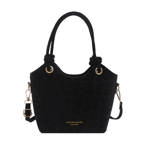 Women's large capacity tote bag in black leopard oil wax leather with gold logo