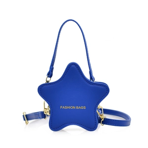 Minimalist blue star-shaped handbag with golden text and detachable shoulder strap