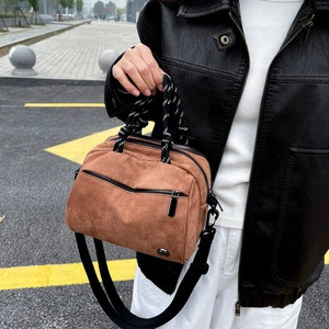 Women Faux Suede Crossbody Bag Vintage Boston Style Handbag With Woven Rope Handle Lightweight Daily Commute Shoulder Bag