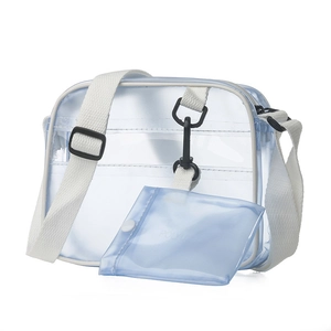 Blue transparent PVC crossbody bag with white trim and adjustable wide shoulder strap