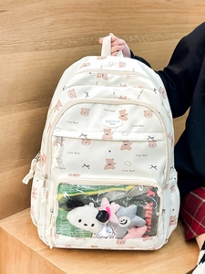 Zaino Ita Bag Orsetto Carino Tessuto Oxford Borsa Scolastica per Studenti Finestra Trasparente Daypack Casual per Donne Ragazze