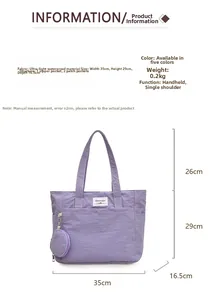 Detail view of lightweight waterproof lavender tote bag with zippered pockets and dimensions