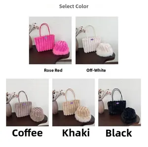 Set borsa tote e cappello alla pescatora in peluche in cinque colori con ecopelliccia