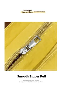 Macro shot of smooth silver metal zipper and rectangle puller on bright yellow tote bag