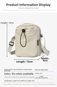 Dettaglio borsa a tracolla beige in nylon con dimensioni e peso per trasporto bottiglia
