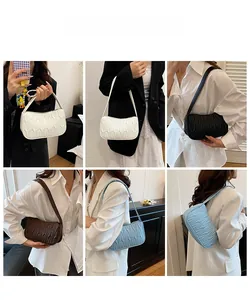 Collage of chic quilted underarm bags in white, black, brown, and light blue colors
