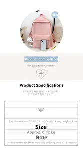 Detail view of pink nylon backpack featuring structured size parameters and mesh side pockets