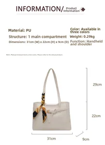 Detailed view of white crocodile pattern tote bag with decorative silk scarf and dimensions