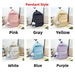 Detail view of large minimalist backpacks in six pastel colors with plush charms